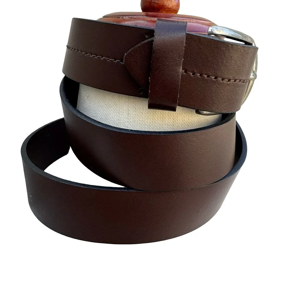 Mens Minimalist Workwear Americana Brown Genuine Leather Belt Silver Buckle L